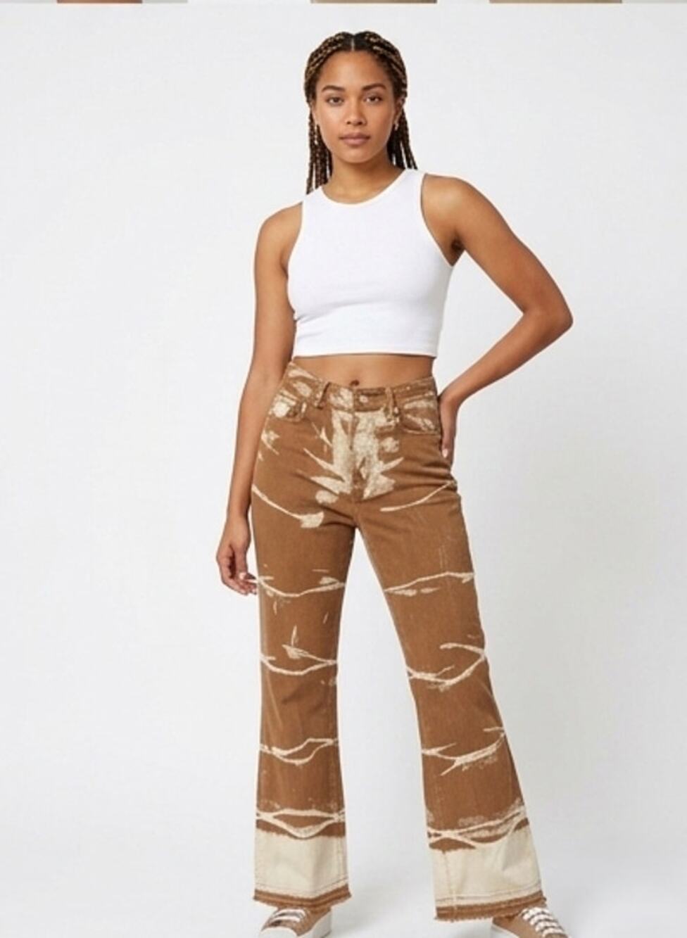 Adika Brown Bleach Splatter Flare Jeans Button Fly Raw Hem Denim S